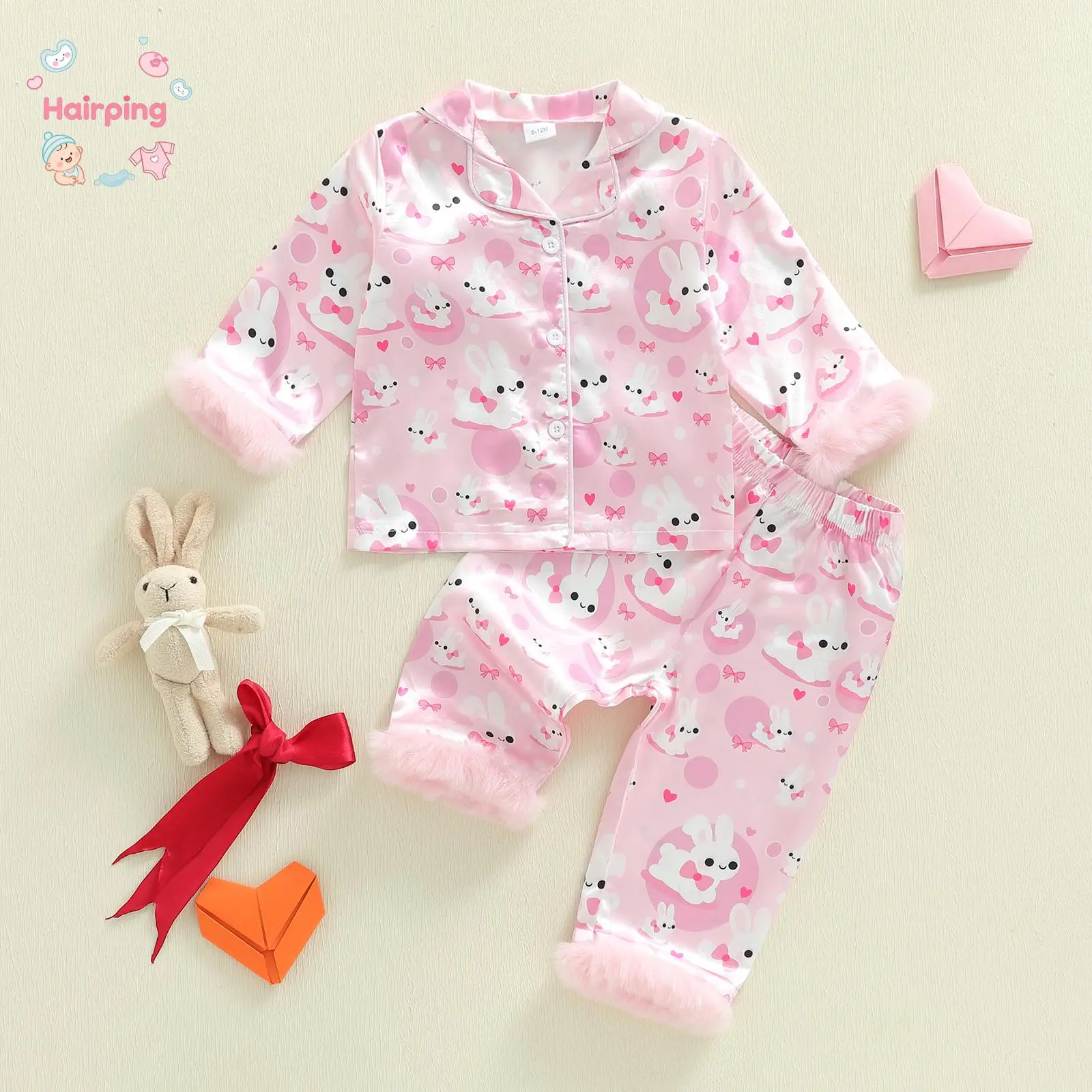 Toddler Girl Satin Bunny Print Pajamas Set - Lapel Long Sleeve Button Front Shirt & Pants, Soft Cartoon Print Sleepwear, Casual Wear for 1-8T Easter/Bedtime Outfit, Long Sleeve Shirt