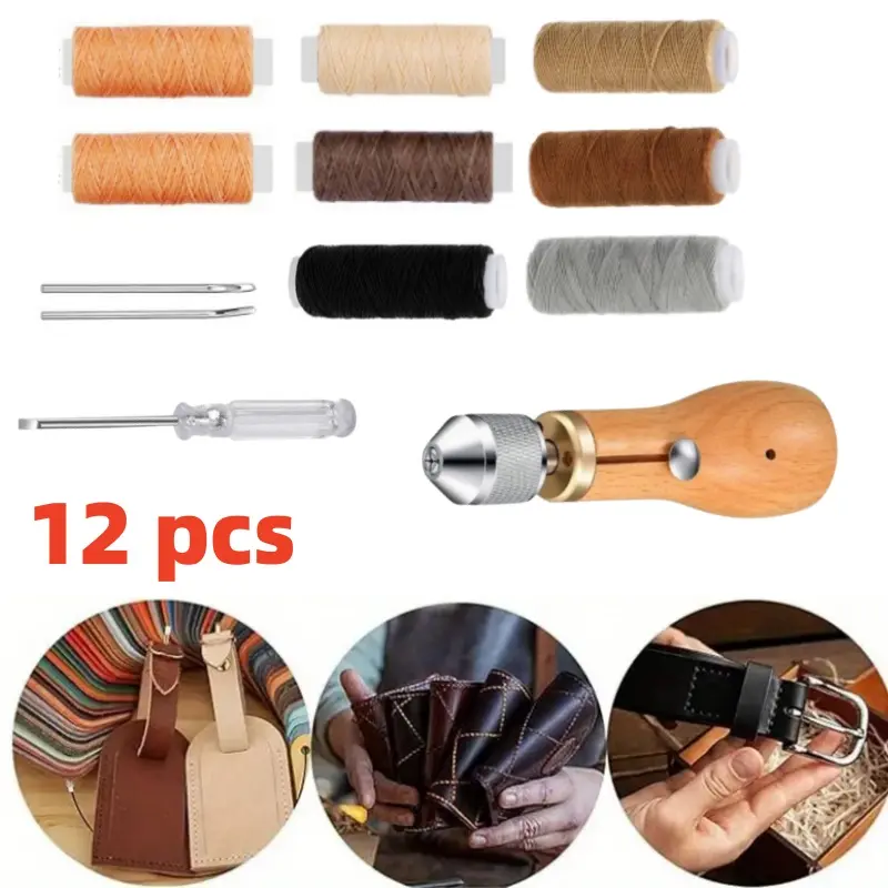 12 Pcs Set of Professional Sewing Needles, Including 1pcs Handheld Sewing Cones, 2pcs Needles, 8pcs Wax Thread, Used for Repairing Artificial Leather Canvas, DIY Craft Tools, Suitable for Leather, Heavy Fabrics and Canvas,  leather leather craft tool kit