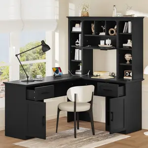 L-Shaped Computer Desk with 2 Cabinets & 2 Drawers, 11 Open Shelves & Flip-Up Storage Shelf, Multi-Functional Workstation for Study, Living Room & Office