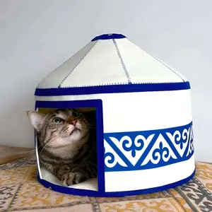Nomadic Cat Yurts - Blue Yurt with Traditional Kazakh Pattern Cozy Felt Cat Bed & Hideaway 15 Inches Diameter