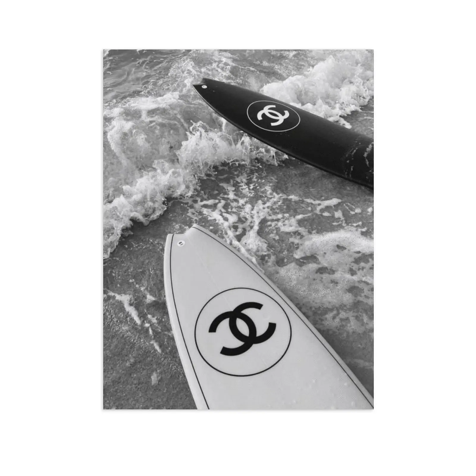 Single Surfboard Coastal Wall Art Black White Wave Scene Monogram Pattern Modern Surfing Theme Canvas Print Luxury Inspired Decor Unframed