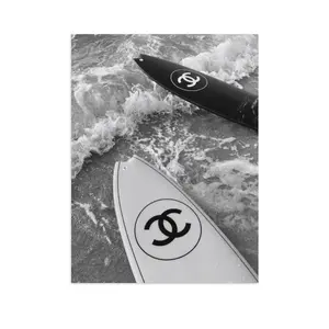 Single Surfboard Coastal Wall Art Black White Wave Scene Monogram Pattern Modern Surfing Theme Canvas Print Luxury Inspired Decor Unframed