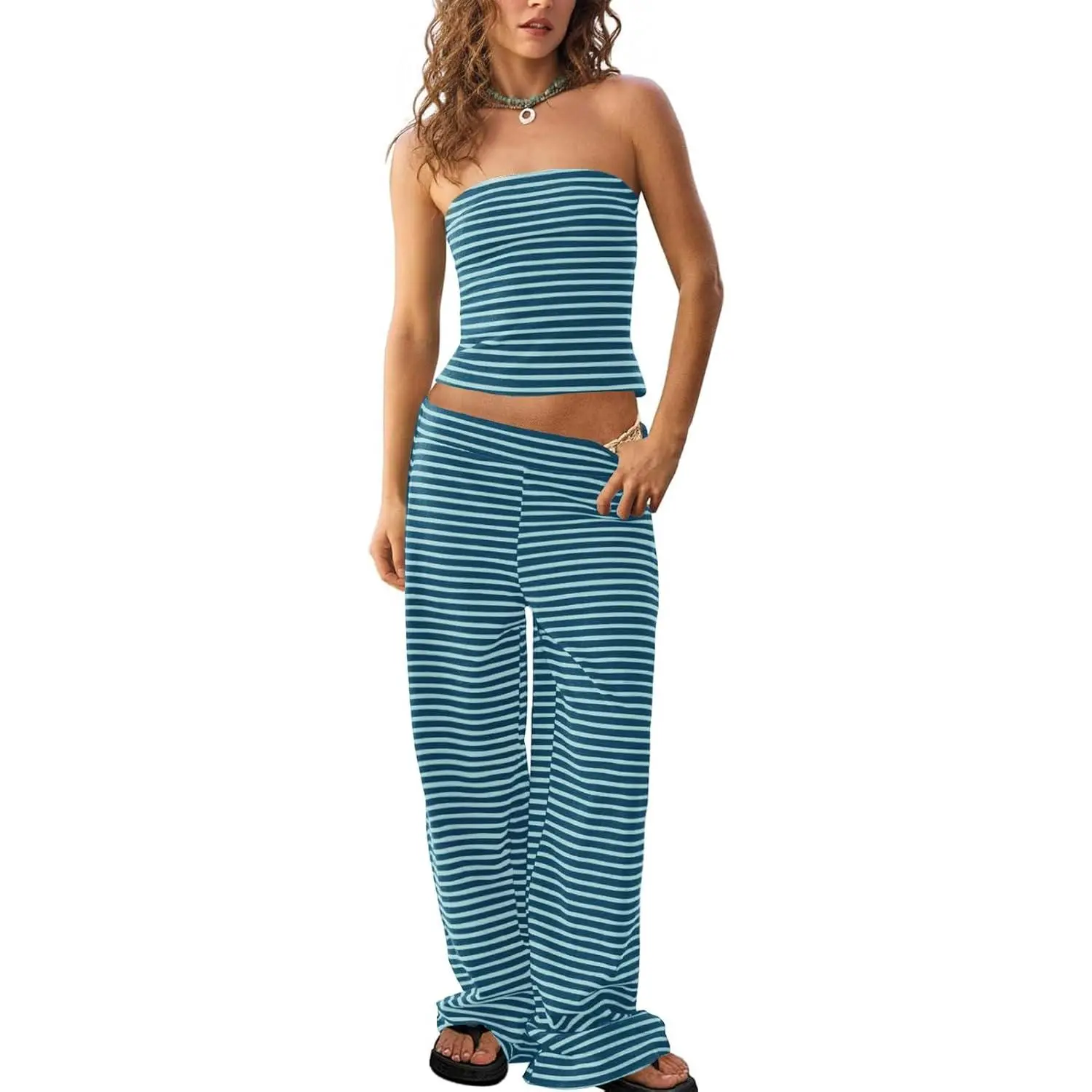 Lannew Womens Striped 2 Piece Sets Summer Strapless Crop Tube Tops Wide Leg Pants Matching Lounge Set Vacation Outfits