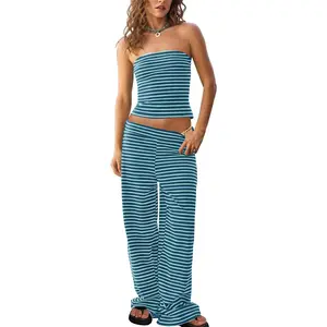 Lannew Womens Striped 2 Piece Sets Summer Strapless Crop Tube Tops Wide Leg Pants Matching Lounge Set Vacation Outfits