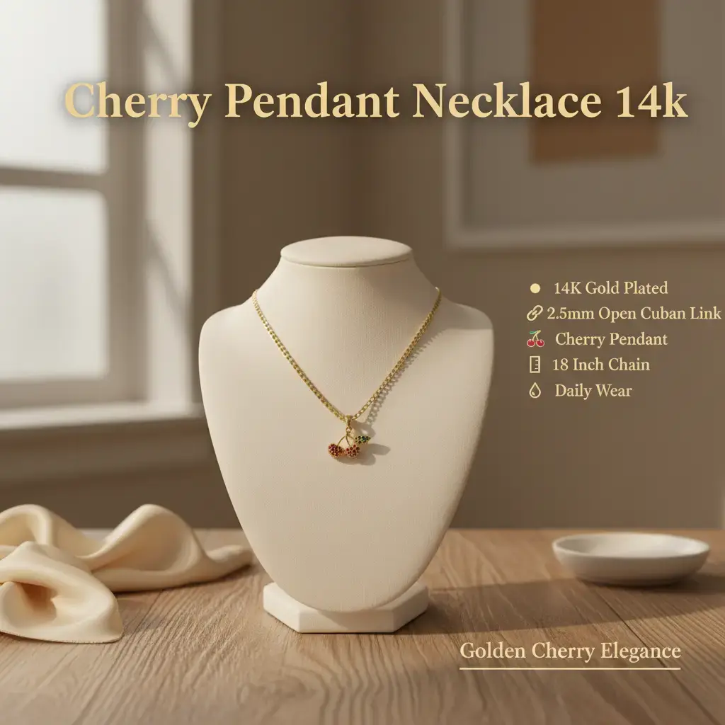 Amtiari Cherry Pendant Necklace – 2.5mm Open Cuban Link, High Quality 14K Gold Plated, 18” for Daily Use