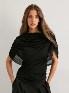 Elegant One-Shoulder Dress with Layered Ruching, Side Slit Sleeves, Body-Hugging Fit, Lightweight Sheer Fabric, Casual & Chic Style