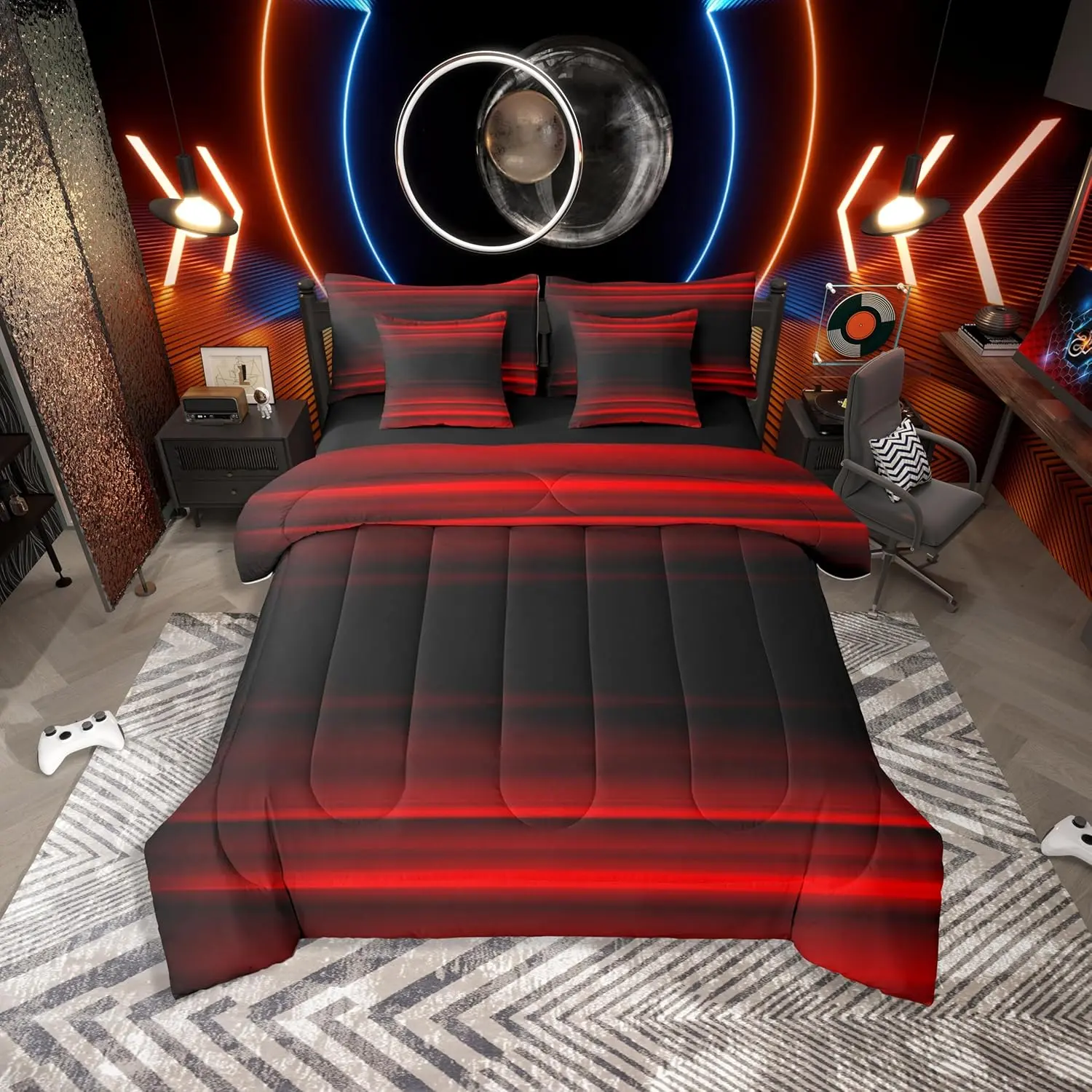 Red Black 7 Piece Bedding Set,Ombre Comforter Set,Abstract Teens Art Gradient Bed in A Bag, Bed Sheet Set, Decorative Bedding Set