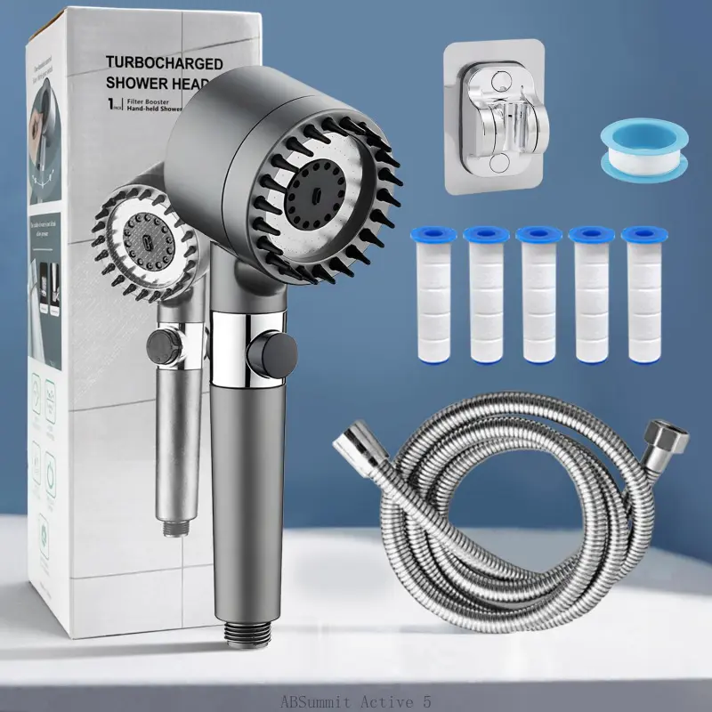 9-Piece Adjustable Shower System with High Pressure, 3-Speed Massage, One-Touch Water Stop, Universal Interface, Stainless Steel Panel, Hose Holder, and Filter ElementABSummit Active