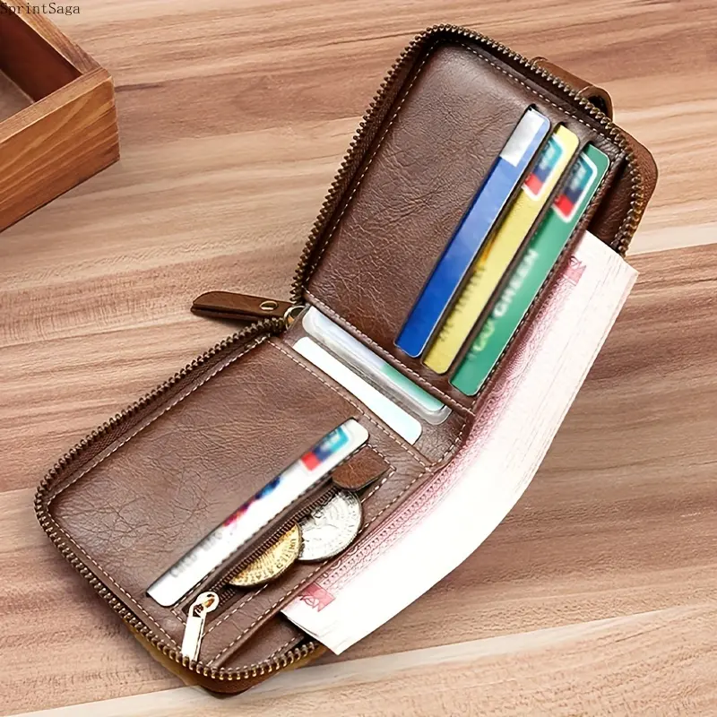 Men's PU Leather (Polyurethane) Small Brown Bark Pattern Wallet - Card Slots, Zipper Coin Storage Bag, ID Holder, Futuristic Business Style with Zipper-Button Closure for Birthday, Father’s Day
