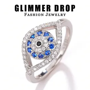 Trendy Evil Eye Angel Eye Ring for Women - Star Same Style Unique Design Zircon Statement Ring, Blue & White Zircon Inlaid Copper Material Fashion Popular Finger Jewelry