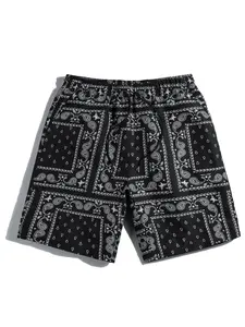 Men's Printed Floral Handkerchief Headscarf Smiley Face Shorts, Casual Street Drawstring Waist Shorts, Comfortable and Stylish Summer Wear