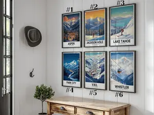 6 Retro North American Ski Resort Travel Posters, Mountain Wall Art , Vintage Poster