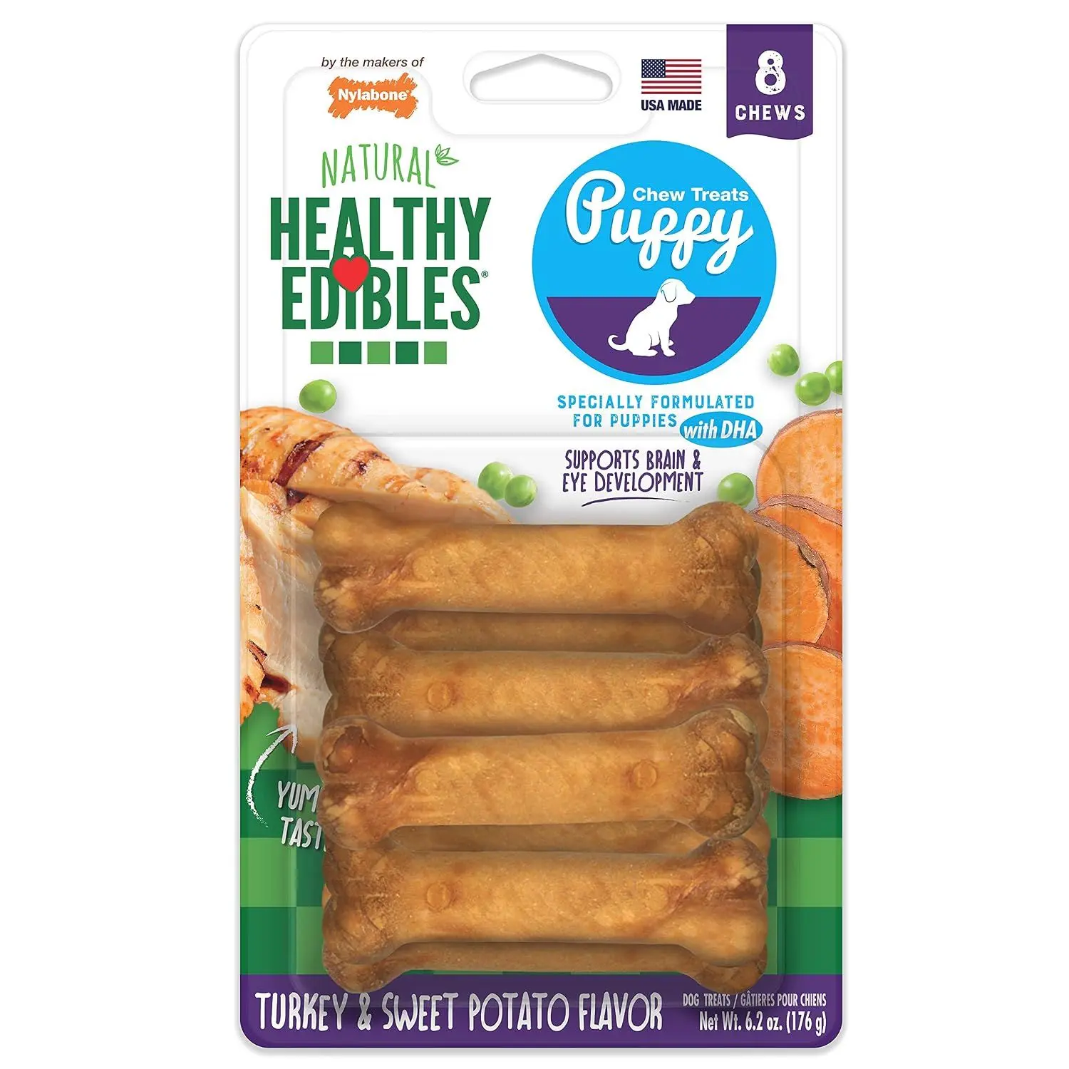 Nylabone Healthy Edibles Natural Puppy Chews Long Lasting Treats for Puppies, Roast Beef/Apple/Bacon Dog Treats, X-Small/Petite (3 Count)