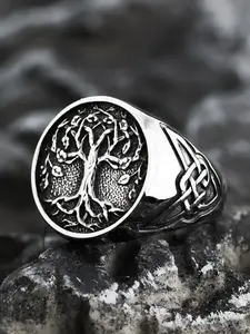 Vintage Life Tree Ring, Nordic Mythology Yggdrasil Design Viking Art Jewelry, Unisex Fashion Pagan Style Ring with Timeless Appeal for All Seasons