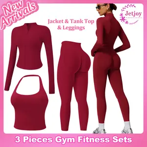 Jetjoy Workout Sets for Women 3 Piece,Yoga Outfit Long Sleeve Activewear Zip Up Top + Seamless Longline Halter Backless Crop Top + Mid Waist Leggings Sets Gym Yoga WorkOut Clothes, Matching 3 Piece Sets Gym Outfits Fitness Sportswear