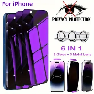 6-In-1 [3pcs Anti Blue Ray Privacy Protection Glass + 3pcs Camera Lens] 9H Anti Peep Protective Tempered Glass Accessories For IPhone 17 Pro Max 17 Pro 17 Air 15/14/13 Pro Max/14/15 Plus/15 Pro/14 Pro/13 Pro Screen Protector Film