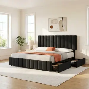 Modern Platform Bed Frame with 4 Storage Drawers – Adjustable Headboard – Sturdy Wooden Slats – Easy Assembly – No Box Spring Needed – Upholstered Design – Queen Size