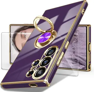 Phone Case for Samsung Galaxy S24 Ultra 5G Case, Screen Protector, 360° Rotatable Ring Holder Magnetic Kickstand,Plated Gold Edge Slim Soft TPU Protective Phone Cover for Galaxy S24 Ultra (Deep Purple)