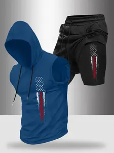 Men's Fashion 2-Piece Set, Patriotic Flag Print Workout Set, Hooded Sleeveless Vest + Dual-Layer Gym Shorts, Comfortable Summer