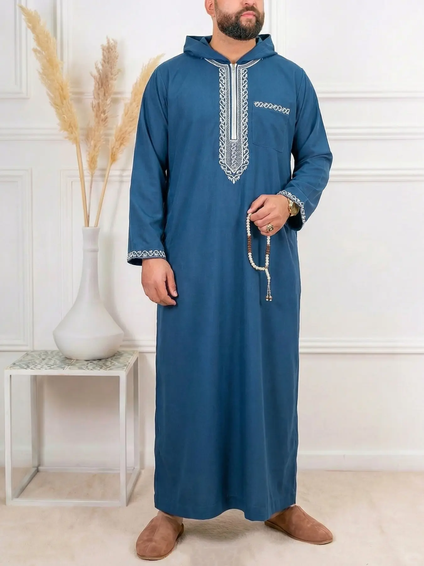 Islamic Muslim Traditional Clothing, Ramadan Festival Sacrifice Holiday Wear,  Men's Zipper Embroidered Hooded Robe Modesty Thobe Traditional Arabic Robe,  Daily & Special Occasions - TikTok Shop
