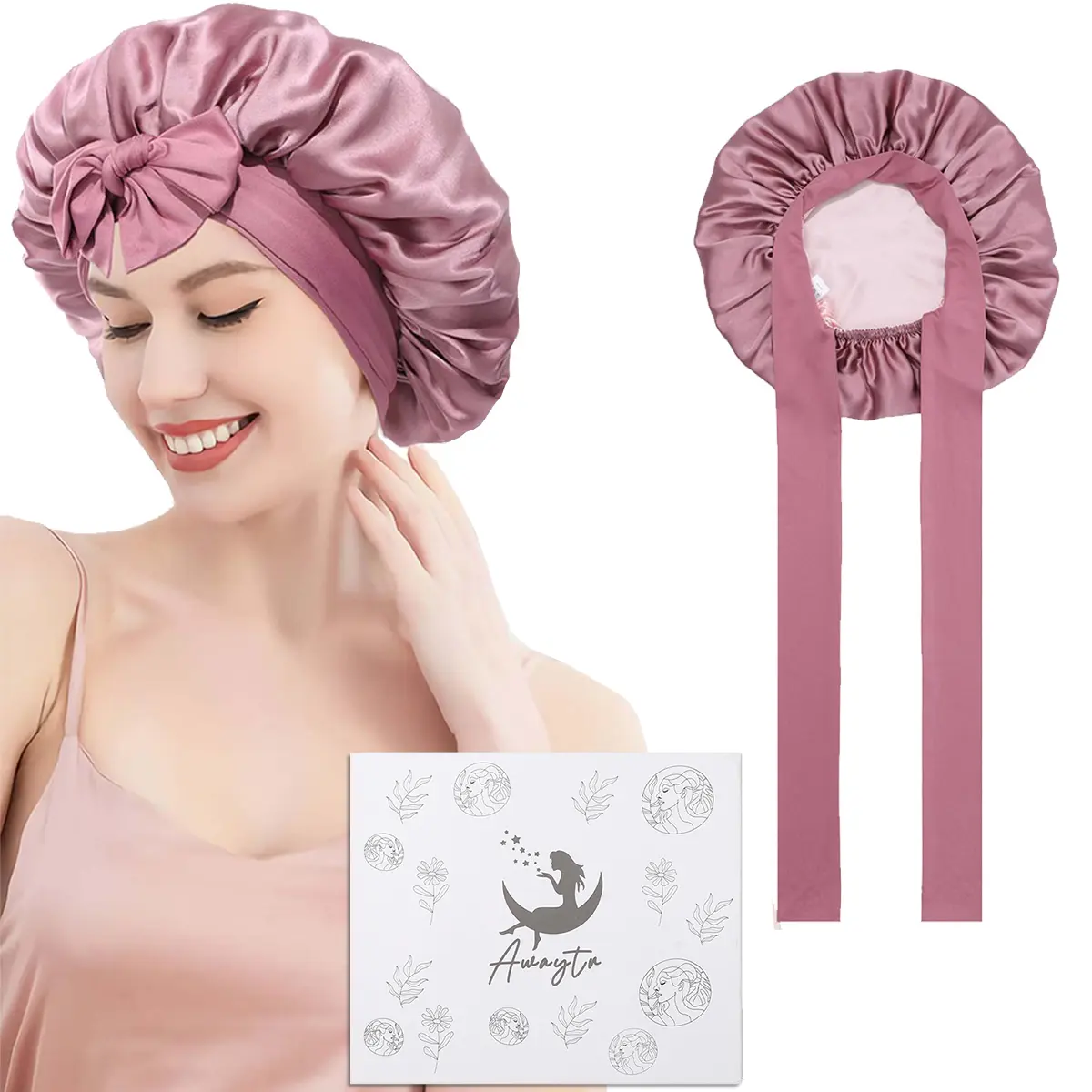 AWAYTR Reversible 100% Mulberry Silk Sleeping Bonnet for Women, Double Layer Hair Cap with Adjustable Tie for Frizz Control, Smooth