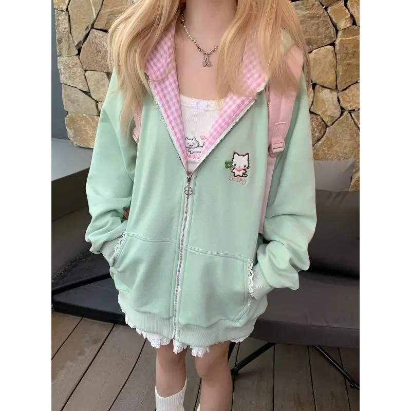 Subculture Black Cute Sweatshirts Coat Women's Clothing Stand Neck Zipper Jackets Y2k Tops Fashion Casual Hoodies Ropa Mujer Womenswear Gamis Sleeve Long Sleeve