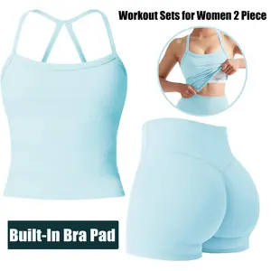 Jetjoy Workout Sets for Women 2 Piece,Two Piece Workout Sets For Women Tank Top Matching High Waist Booty Lifting Shorts Gym Yoga Active Wear Outfits, High Waisted Tummy Control Biker Shorts Halter Padded Tank Tops