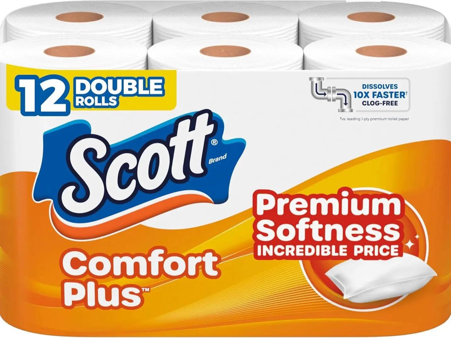Scott ComfortPlus Toilet Paper 12 Double Rolls 231 Sheets per Roll Septic-Safe 1-Ply Soft Tissue for Daily Use Premium Softness