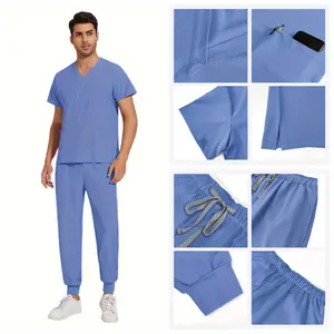 Scrubs for Men Scrub Sets Beauty Salon Uniform Set Slim Scrubs Stretch Top & Jogger Scrub Pants with Multi Pocket Yoga Waistband