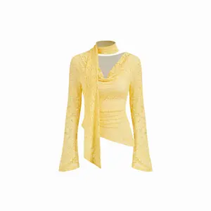 Cider Lace Sweetheart Long Sleeve Cropped Top With Scarf