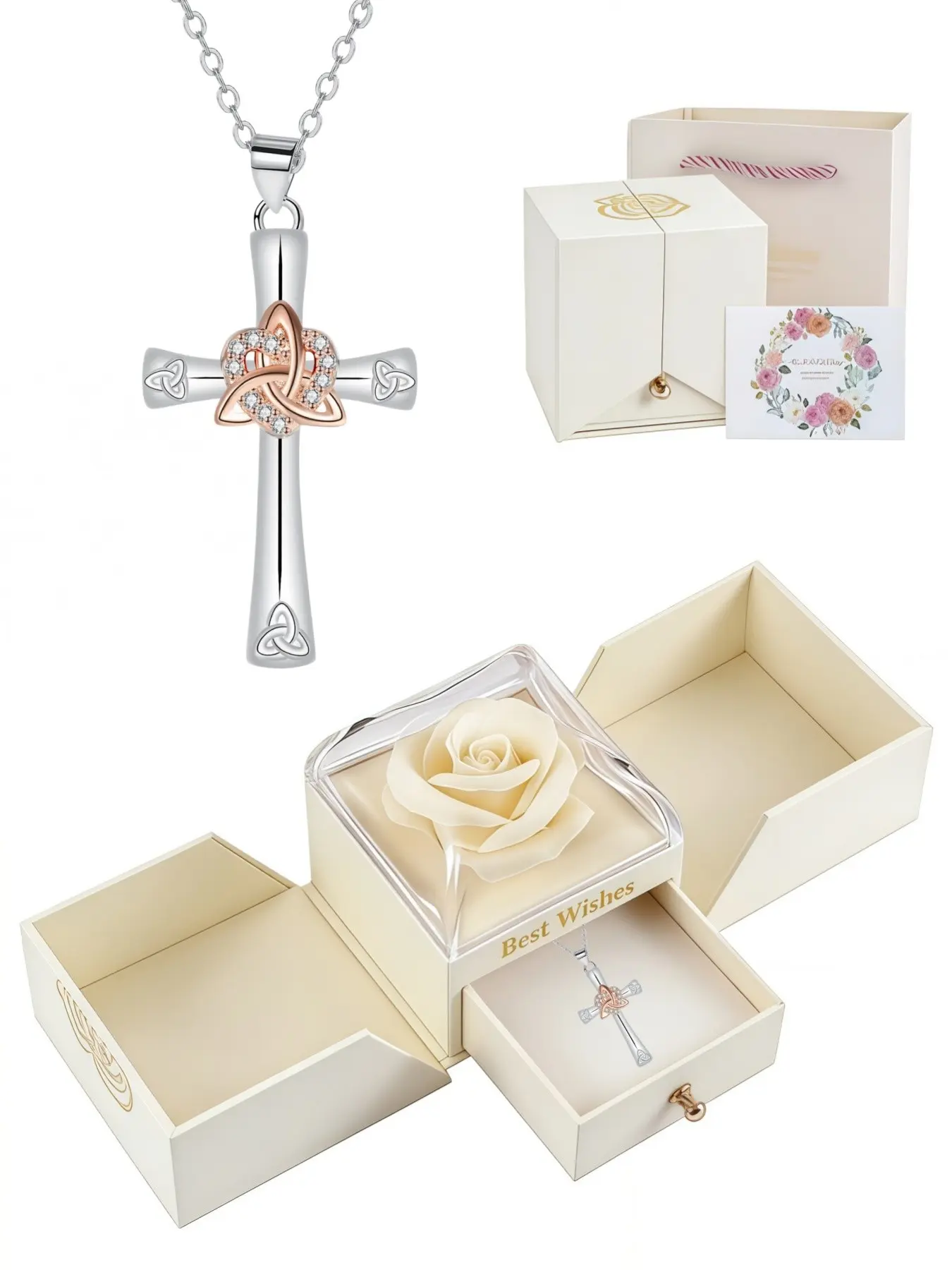 Sacred Heart Celtic Cross Necklace Infinity woven cross pendant necklace with a surprise double-door preserved rose jewelry box.Perfect gift for birthdays, Mother's Day, Valentine's Day and all festivals.
