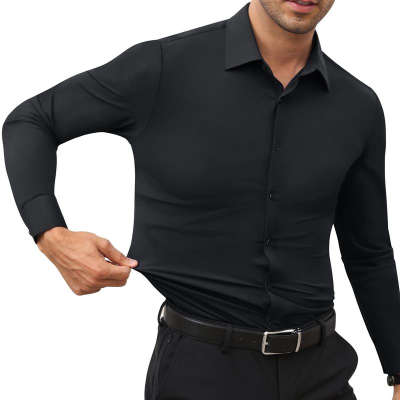 Elencoco Men's Super Stretchy Dress Shirt Quick-Drying Breathable Anti-Wrinkle Muscle Slim Long-Sleeved Business Sports Casual Black Top Outdoorfun Beige Fabric,Father's Day Gift Workwear Menswear,Tiktok shop deals,Gifts for him,Valentines day outfit