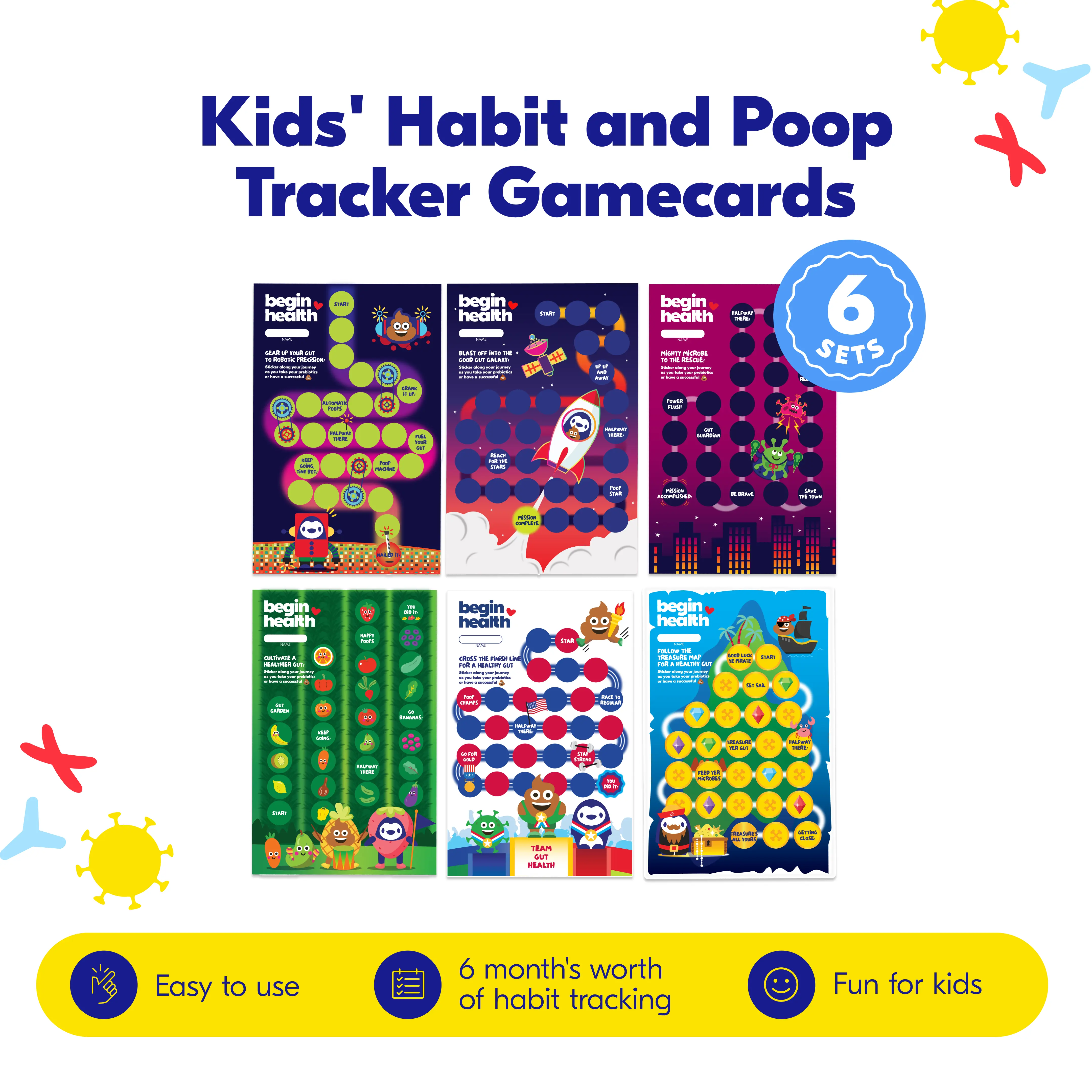 Begin Health Poop Tracker Gamecards and Stickers for Kids | 6 Adventure Habit Tracker Charts | 165+ Stickers | Gut Health and Bathroom Habit Building | 6 Months of Fun