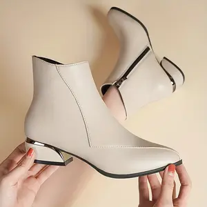 Lab Chunky Low Heeled Ankle Boots - Pointed Toe Stitching Side Zipper Casual All-Match Short Boots for Women