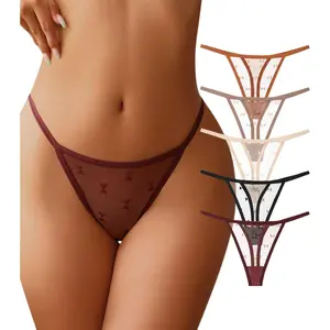 Women's Sheer Lace G-String Thongs, 5 Pack Black Breathable Low Waist Cheeky T-Back Sexy Lingerie Panties