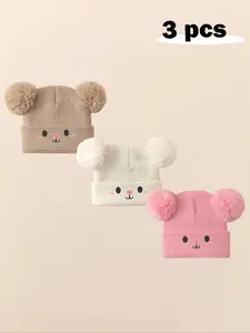 3pcs Baby Girl Newborn Toddler Pom-Pom Cat Beanie Hat, Cozy Knit Winter Warm Heart Cute Hat, Casual Outdoor Baby Accessories Bonnet