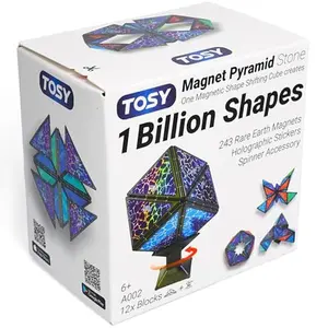 Magnet Pyramid Stone - 1 Cube Transforms into 1 Billion Shapes, 14 pcs (12 Puzzle pcs and 2 Spinners), 243 Rare Earth Magnets, Christmas Stocking Stuffers Gift for Kids, Creative Puzzle STEM Toy