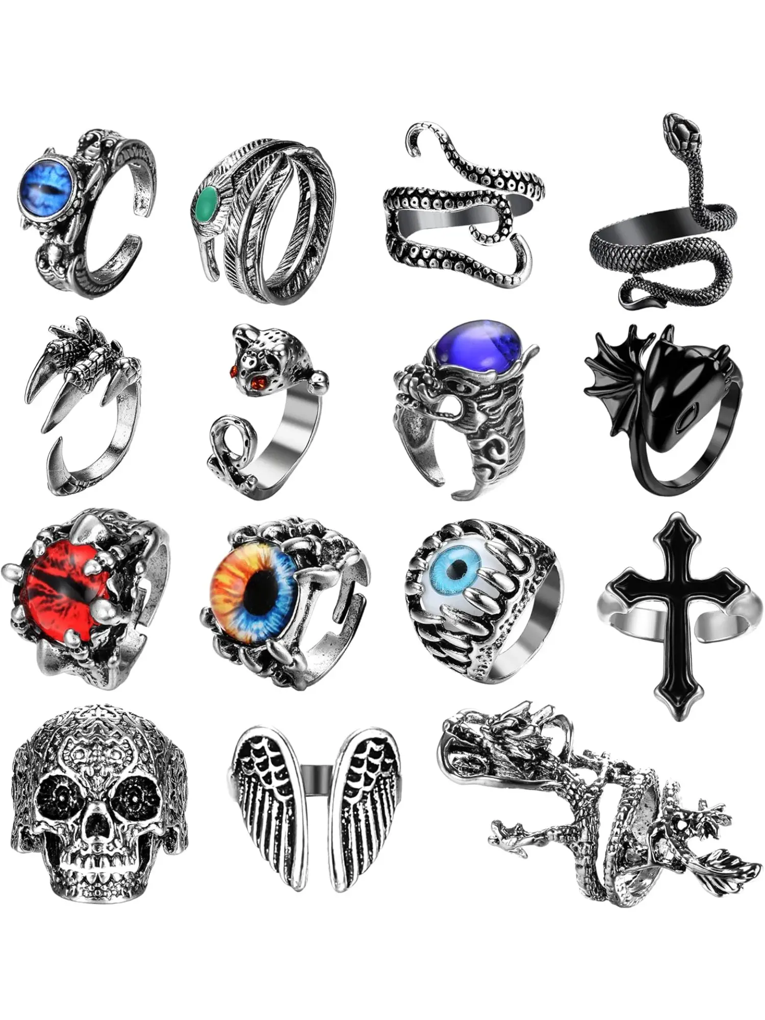 Cool 15 Pcs Vintage Punk Rings Unique Alloy Stainless Steel Stackable Rings for Men Women Cool Gothic Stacking Rings Set Jewelry Set Octopus Skull Dragon Open Ring for Festivals Parties Punk Style Ring Dark Aesthetic Rings