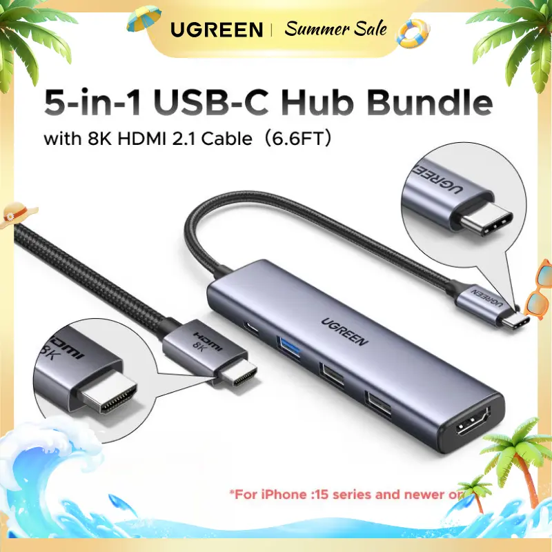 UGREEN USB C Hub 5 in 1 Multiport Adapter（HDMI Cable Not Included) Revodok 105 4K HDMI, 100W Power Delivery, 3 USB-A Data Ports, USB C Dongle for MacBook Pro/Air, iPad Pro, iMac, iPhone 16 Pro/Pro Max, XPS, Thinkpad,Summer Sale