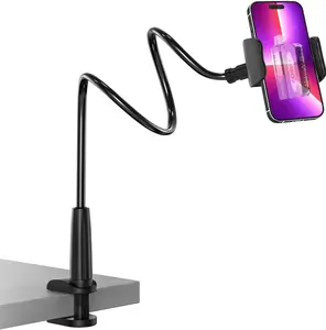 FOGER Cell Phone Clip Bed Stand Holder, with Grip Flexible Long Arm Gooseneck Bracket Mount Clamp for Desk, Compatible with All mobile Phones Cellphone Apple Iphone 17 16 15 Samsung Adjustable Smartphone