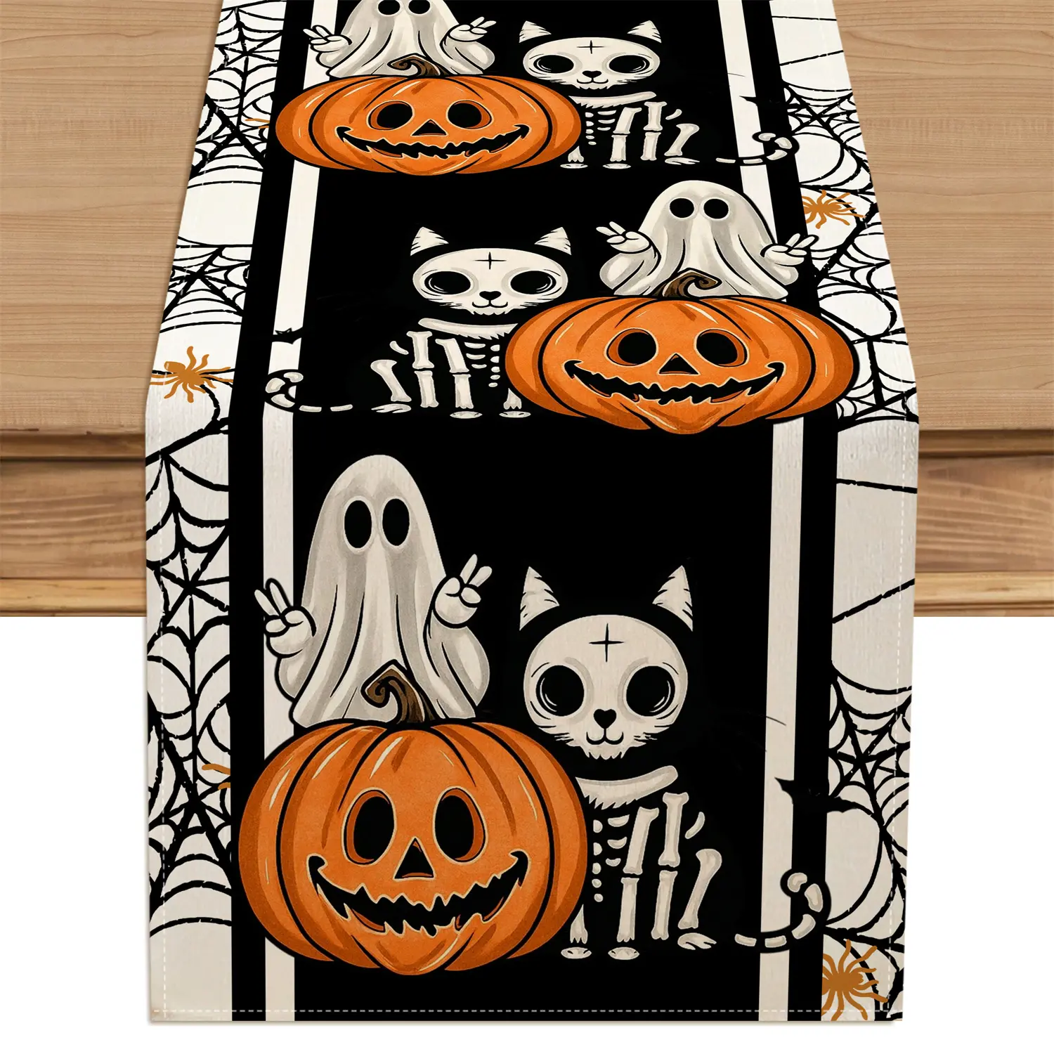 1pc Spider Web Pumpkin Light Yay Ghost Skeleton Cat Halloween Table Runner Farmhouse Decoration for Indoor/ Outdoor, Dining, Kitchen, Halloween Home Party Decor