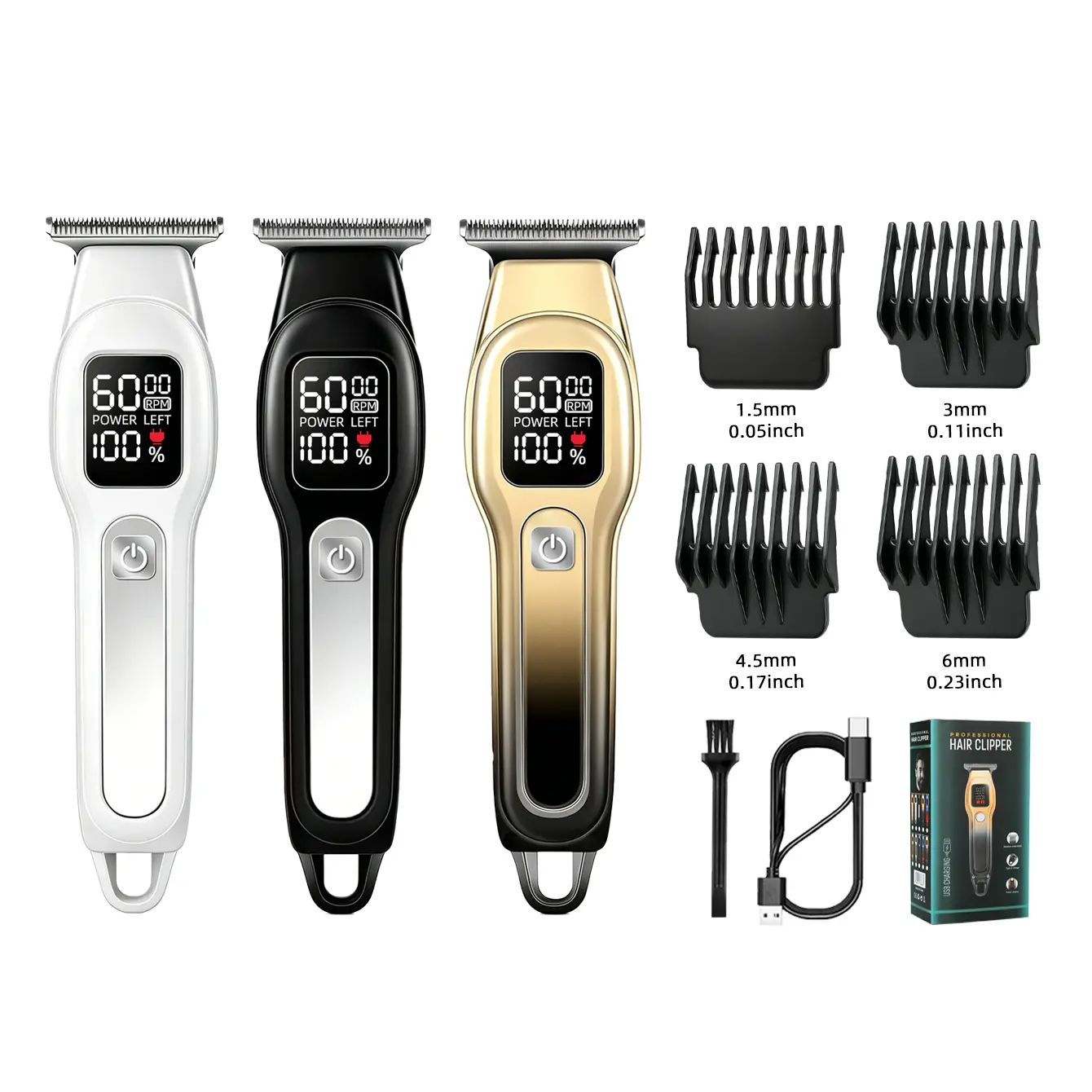 Professional 6000RPM Electric Hair Clipper for Home Barber Use – LED Power Display 4 Length Guards USB-C Charge White Black Gold Options