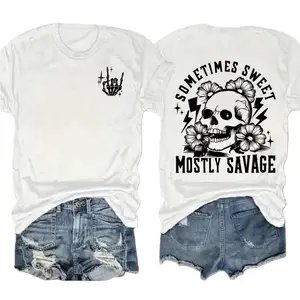 Women's Casual Fit Skull Print Round Neck T-Shirt, Summer Tee, Ladies Top