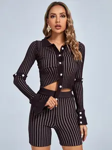 Striped Single-breasted tops Shorts Set Long Sleeve Comfort