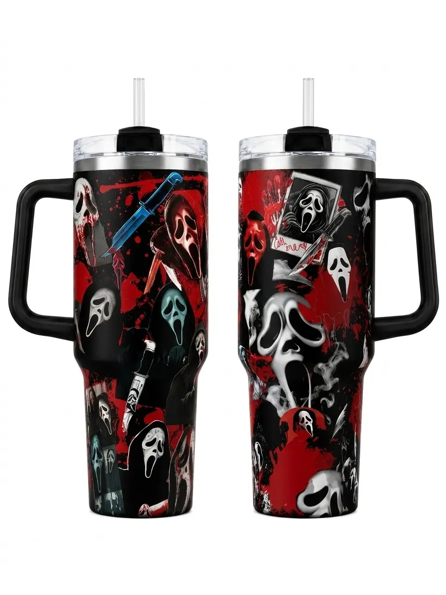 Horror Slasher Mask Tumbler 30oz 40oz With Handle, Red Black Scary Movie Fan Cup With Knife Blood Splatter Graphic, Halloween Thriller Travel Drinkware, Not Including The Straw Water Bottles Bottle