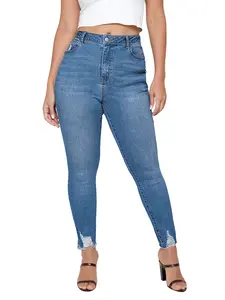 Women's Plus Size High Waist Tight Fit Elastic Casual Jeans Pants, Daily Wear Versatile Denim Trousers with Cutoff Hem