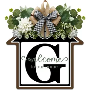 Large 14" Last Name House Front Door Wreath Decor for All Seasons, 26 Initial Letter Wreaths for Front Door Porch Welcome Garland and Eucalyptus Hanging Gift for Farmhouse Welcome Sign (G)