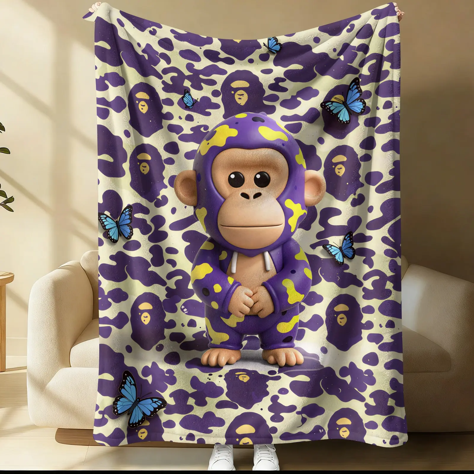 Hypebeast Camo Monkey Flannel Blanket,Vibrant Purple Camo Throw Blanket,Cartoon Ape & Blue Butterfly Print Blanket,Stylish Gift Blanket for Gamers,Bedroom & Living Room Decor for Sofa,Naps,Kids Rooms & Holiday Presents for Game Lovers