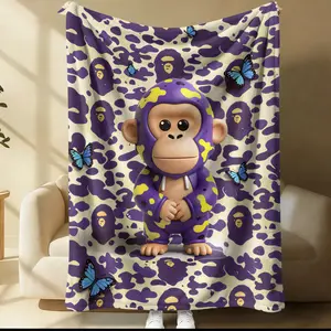 Hypebeast Camo Monkey Flannel Blanket,Vibrant Purple Camo Throw Blanket,Cartoon Ape & Blue Butterfly Print Blanket,Stylish Gift Blanket for Gamers,Bedroom & Living Room Decor for Sofa,Naps,Kids Rooms & Holiday Presents for Game Lovers