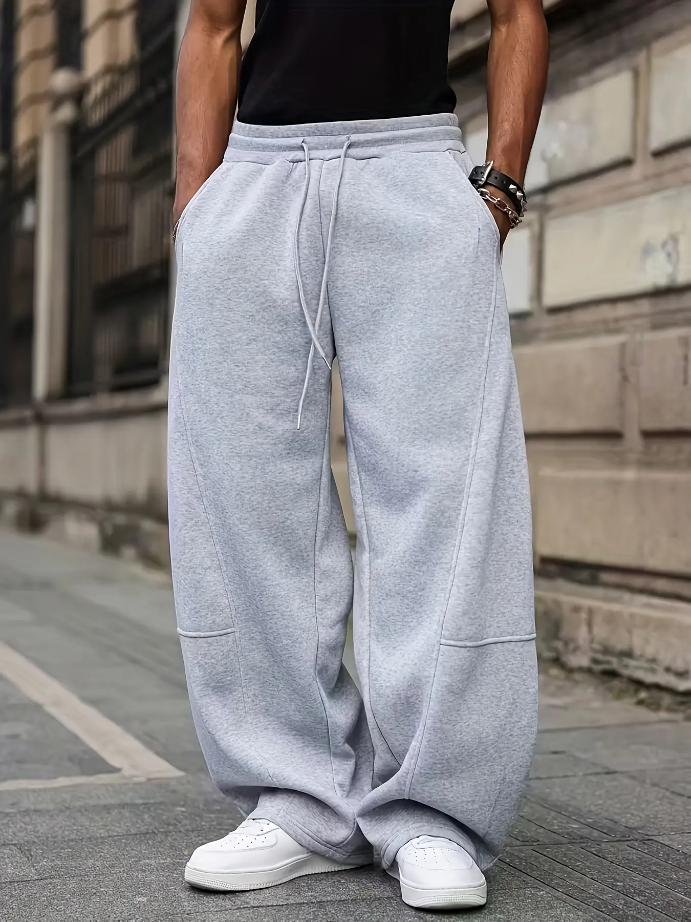 Men's Stylish Grey Polyester Mid-Waist Baggy Loose Fit Wide-Leg Straight Pants - Plain Basic Design, 1 Pocket, Standard Sizes, Menswear for Casual & Active Wear, Baggy Wide-Leg Men's Pants, Loose Fit Wide-Leg Men's Pants